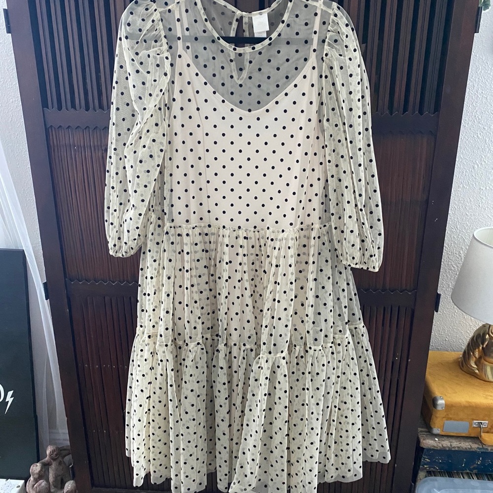 HM cream sheer dress w/ slip + black polka dots